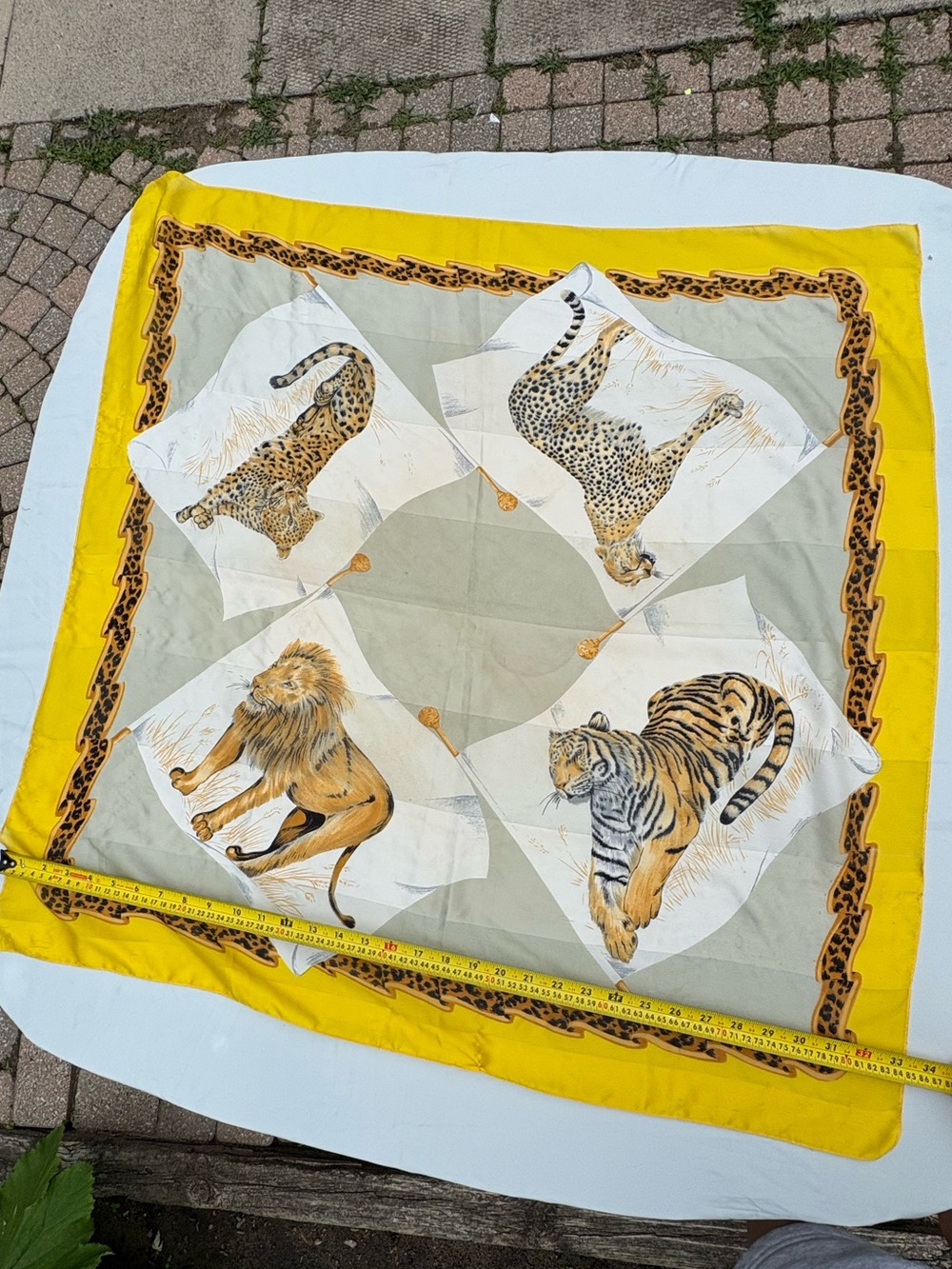 Silk Animal Print Head Scarf with Lion, Tiger & Leopards - Yellow Trim